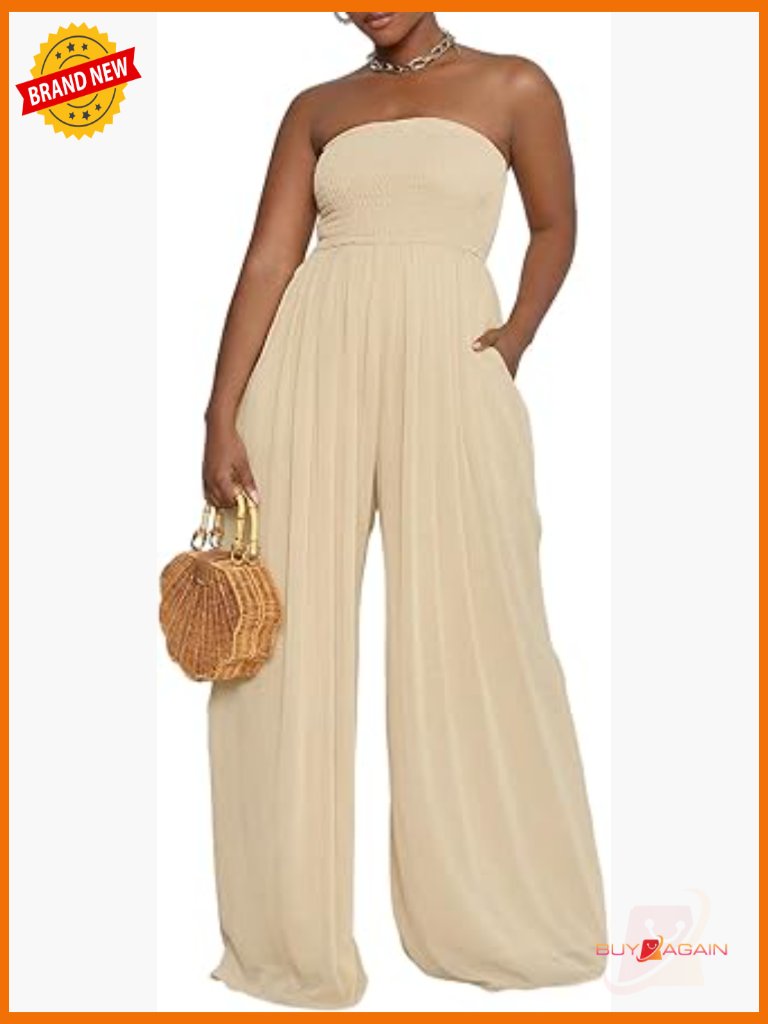 Strapless Tube Wide Leg Jumpsuit Smocked Elastic Waist Flowy One Piece Romper